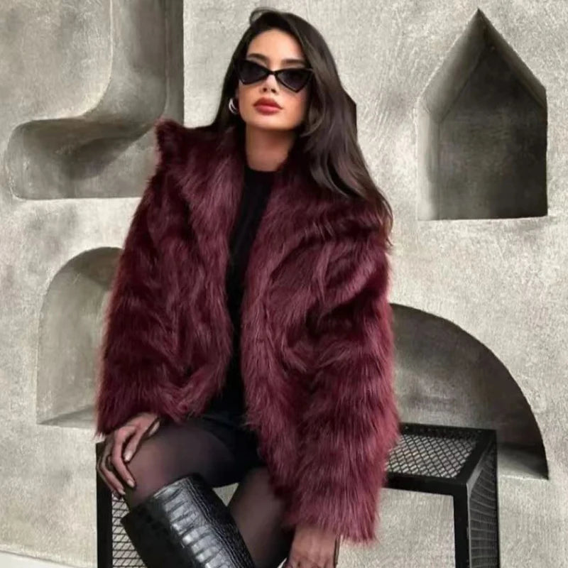 Women's Fur Coat Burgundy Bomber Jacket