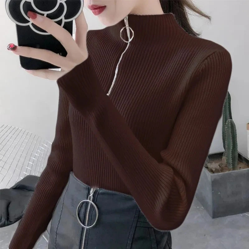 Knitted Women Zipper Half High Neck Sweater