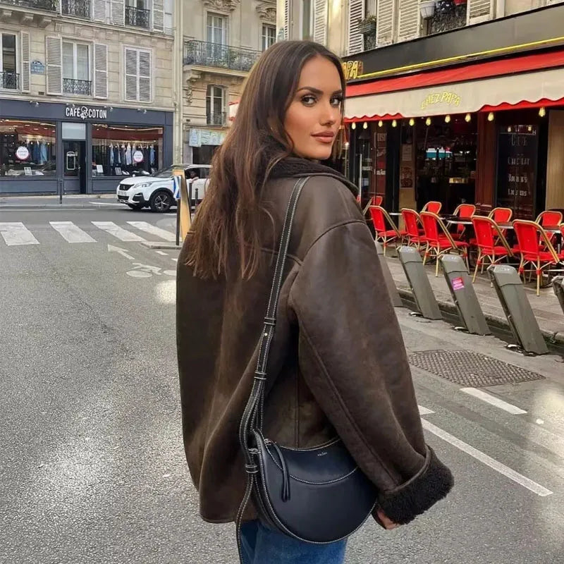 Woman Thick Faux Leather Jackets Warm Wool Blends Coats