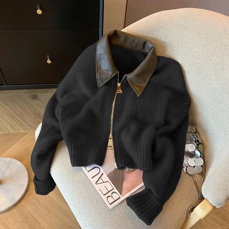 Collar Knit Sweater Fashion Double Zipper Cardigan