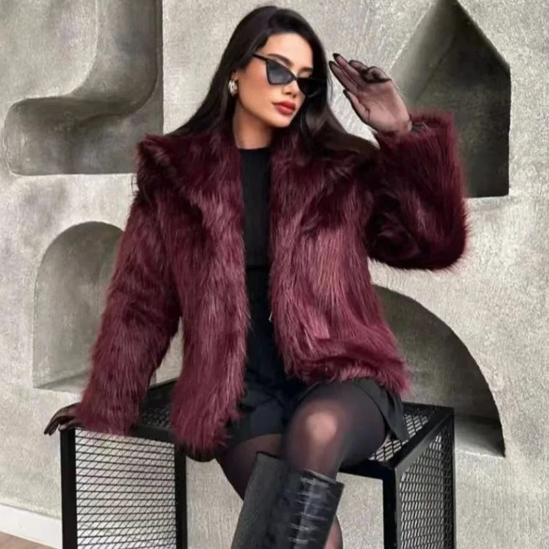 Women's Fur Coat Burgundy Bomber Jacket