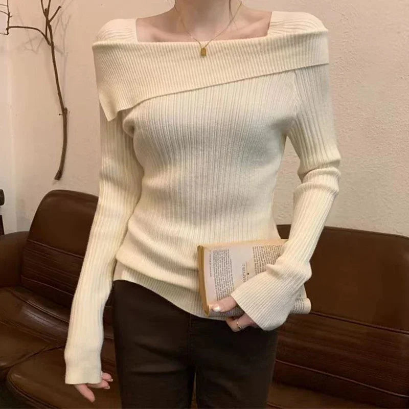 Solid Sexy Slim Off Shoulder Slash Neck Long Sleeve Sweater