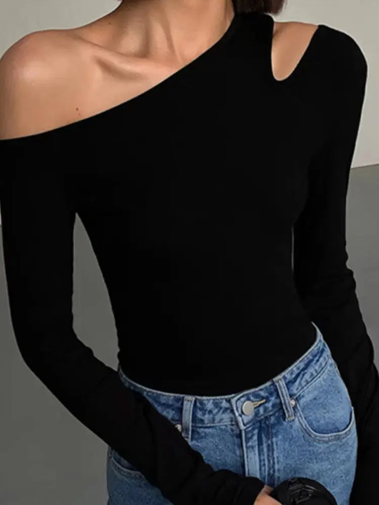 Collar Off-shoulder Long-sleeved T-shirts Women