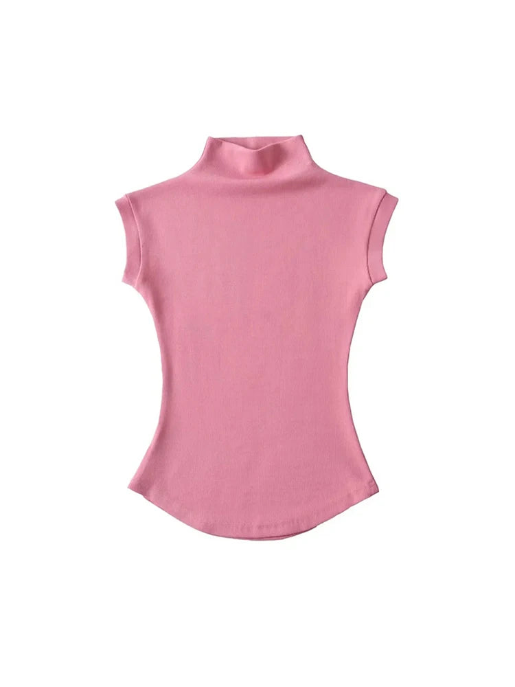 Sexy Turtleneck Sleeveless T-Shirts Tops Solid Slim