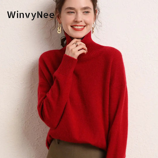 Wool Red Sweater Turtleneck Loose Casual Jumpers Pullover