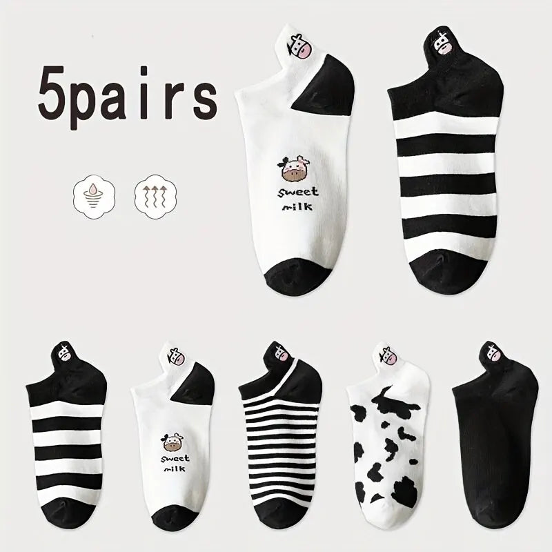 5 Pairs Womens Socks Lovely Cow Pattern Short Socks