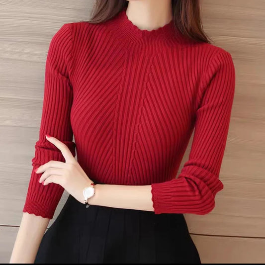 EVNISI Autumn Women Mock Neck Ruffles Sweater Long Sleeve