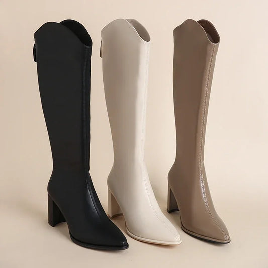 Women Boots Zipper Thick High Heels Simple High Botas