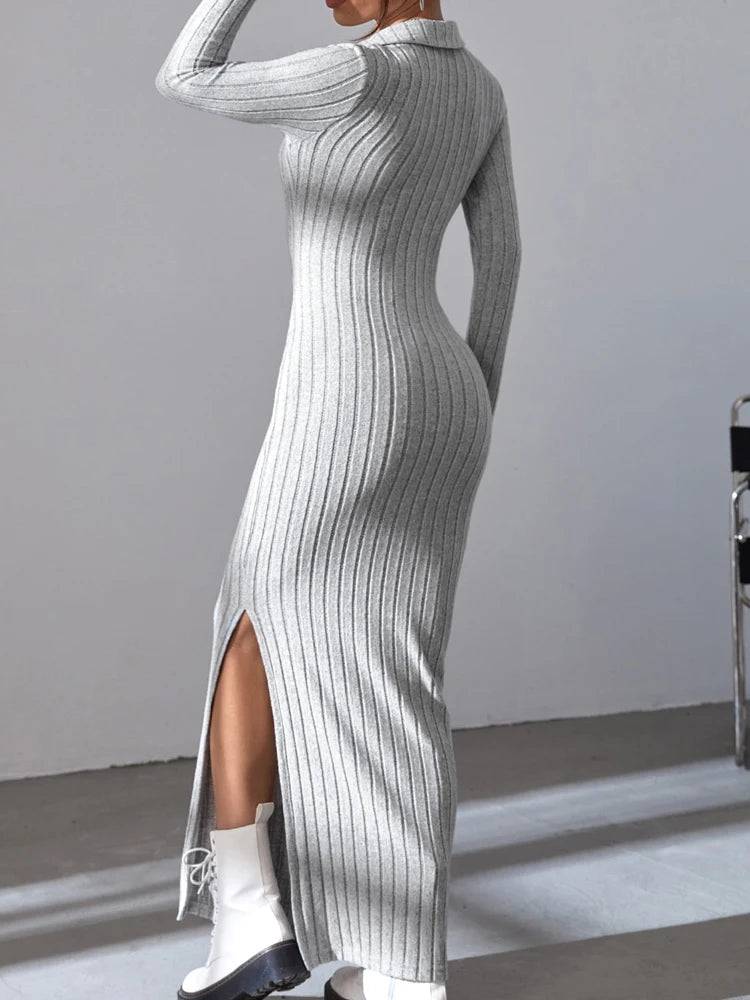 sexy knit V-neck reverse neck split dress a