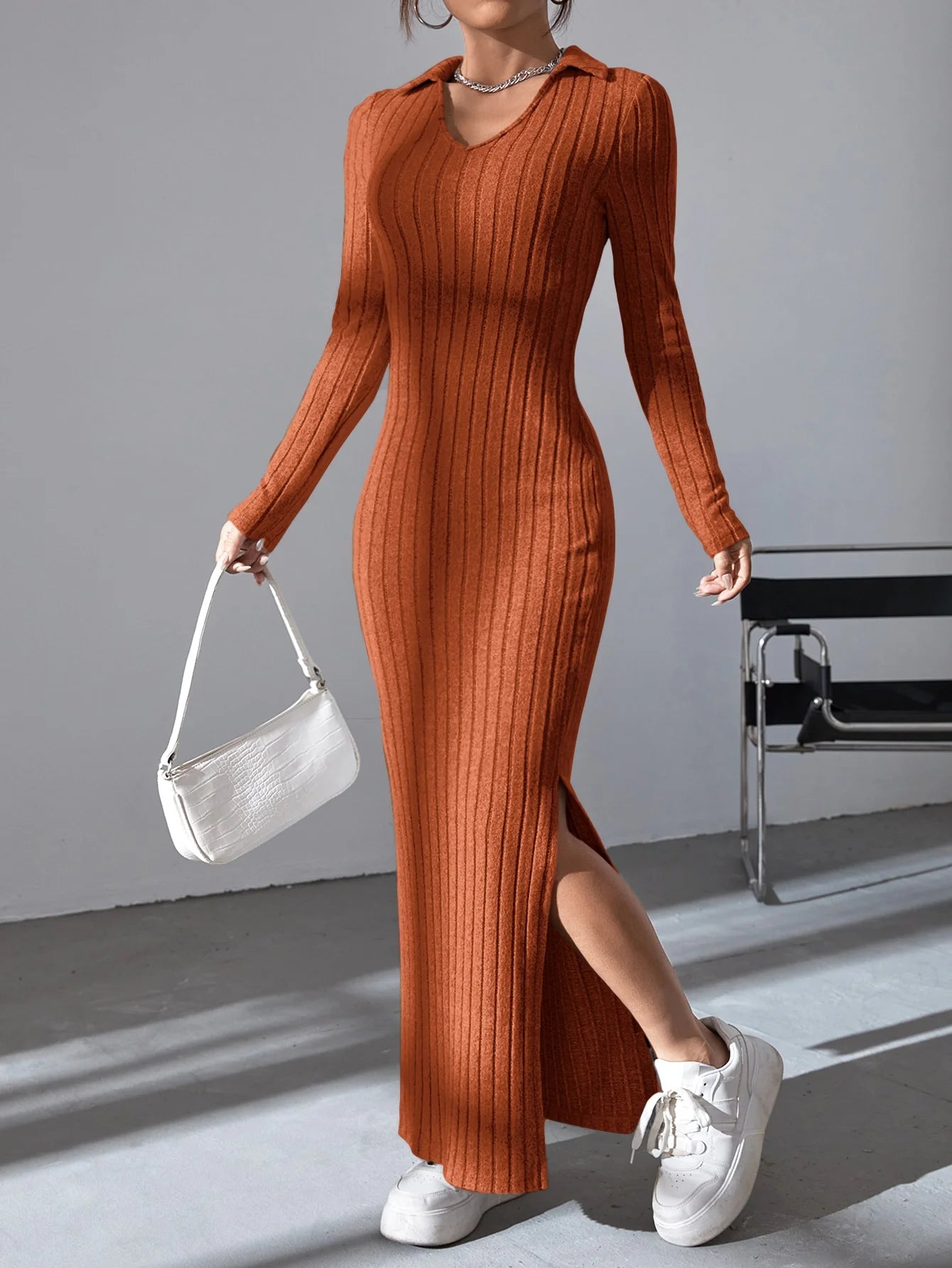 sexy knit V-neck reverse neck split dress a