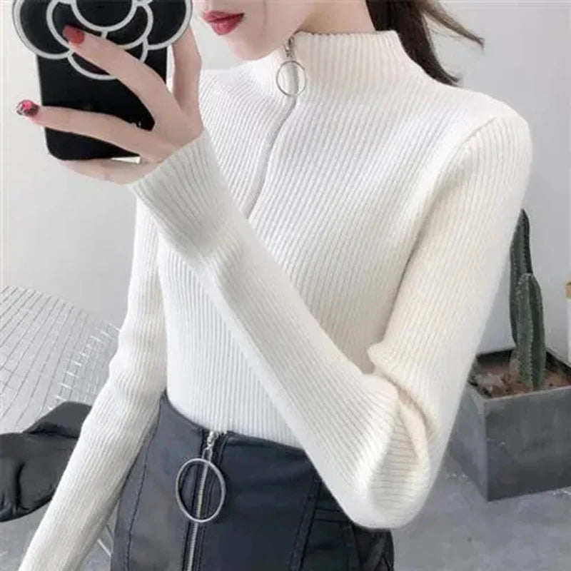 Knitted Women Zipper Half High Neck Sweater