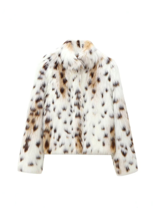 Women Leopard Faux Fur Loose Jacket Warm Long Sleeve