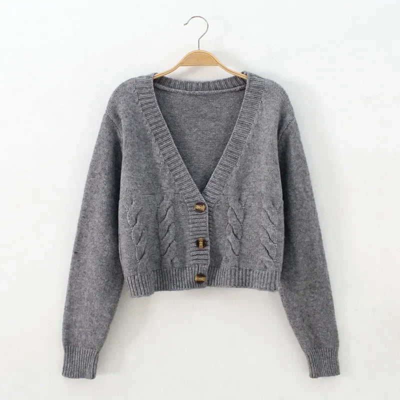 V Neck Cropped Cardigan Women Long Sleeve Twist Knitted Sweater Coats