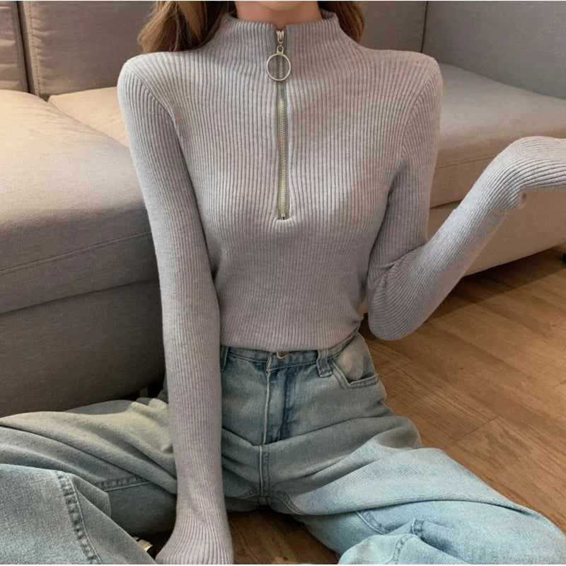 Knitted Women Zipper Half High Neck Sweater