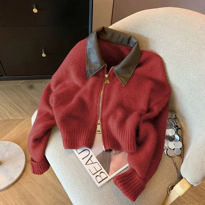 Collar Knit Sweater Fashion Double Zipper Cardigan