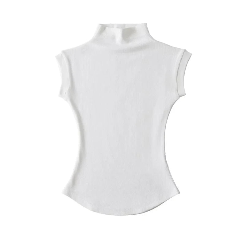 Sexy Turtleneck Sleeveless T-Shirts Tops Solid Slim