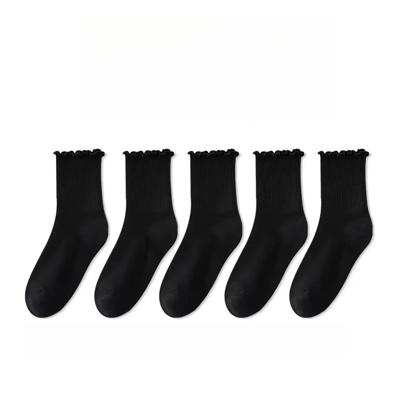 5 Pairs of Women's Socks Pleated Middle Tube Casual Short Tube Breathable Black and White Set Spring and Autumn