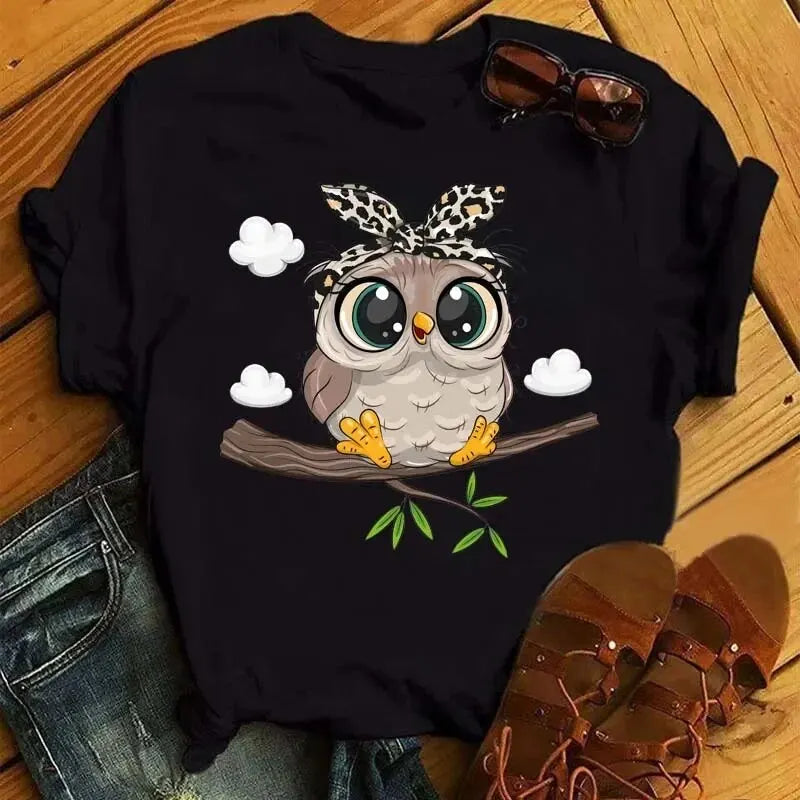 Cartoon Owl Print T Shirt Women