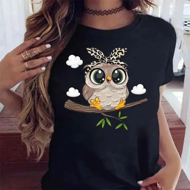 Cartoon Owl Print T Shirt Women