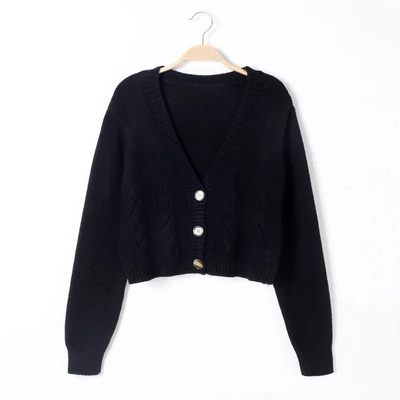 V Neck Cropped Cardigan Women Long Sleeve Twist Knitted Sweater Coats