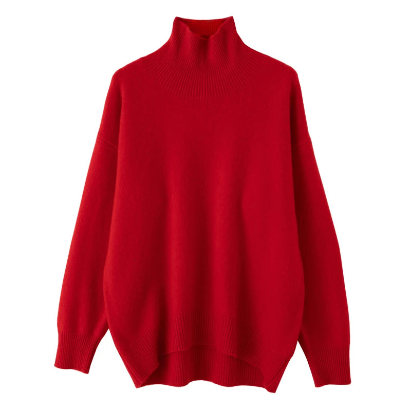 Wool Red Sweater Turtleneck Loose Casual Jumpers Pullover