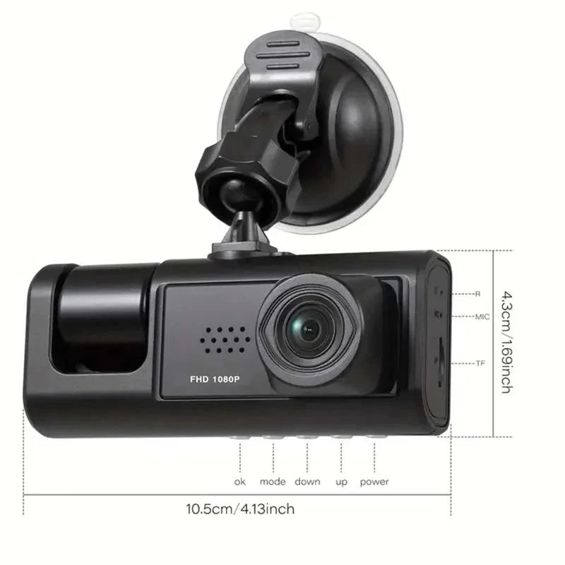 Dash Cam W/ IR Night Vision Loop Recording & 2" IPS Screen 3 Camera 1080P HD