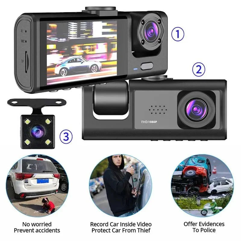 Dash Cam W/ IR Night Vision Loop Recording & 2" IPS Screen 3 Camera 1080P HD